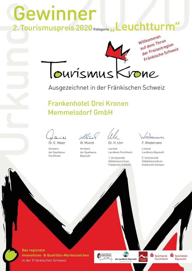 Urkunde Gewinner 2. Fränkische Tourismuskrone Frankenhotel Drei Kronen Memmelsdorf GmbH