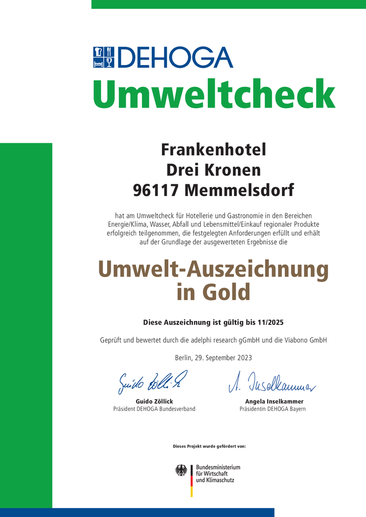Urkunde Dehoga Umweltcheck Gold 2021 für Hotel & Brauereigasthof Drei Kronen Memmelsdorf | © Frankenhotel Drei Kronen Memmelsdorf GmbH