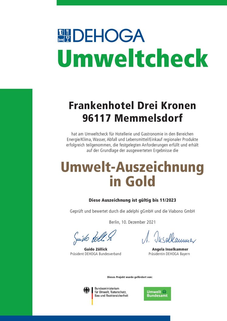 Urkunde Dehoga Umweltcheck Gold für Hotel & Brauereigasthof Drei Kronen Memmelsdorf | © Frankenhotel Drei Kronen Memmelsdorf GmbH