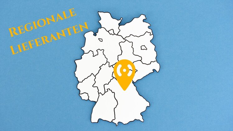 Deutschland Karte mit der Überschrift "Regionale Lieferanten" und einem Marker in der Region Bamberg | © Frankenhotel Drei Kronen Memmelsdorf GmbH